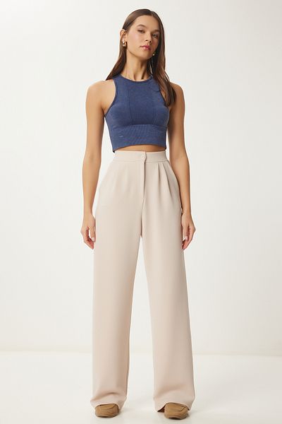 Happiness İstanbul Damen-Strickhose aus cremefarbenem Lycra mit entspanntem Schnitt – RV00175