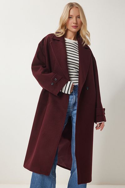 Happiness İstanbul Women's Burgundy Double Breasted Lapel Cashew Coat Dp00232