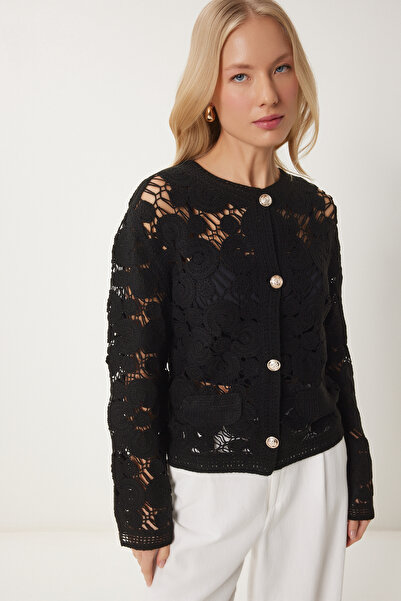 Happiness İstanbul Női fekete virágos fűzős szezonális kötöttáru kardigán ES00175
