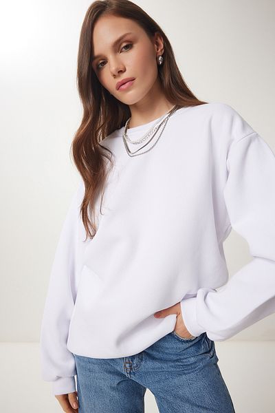 Happiness İstanbul Weißes Chardon Basic-Sweatshirt für Damen OW00001
