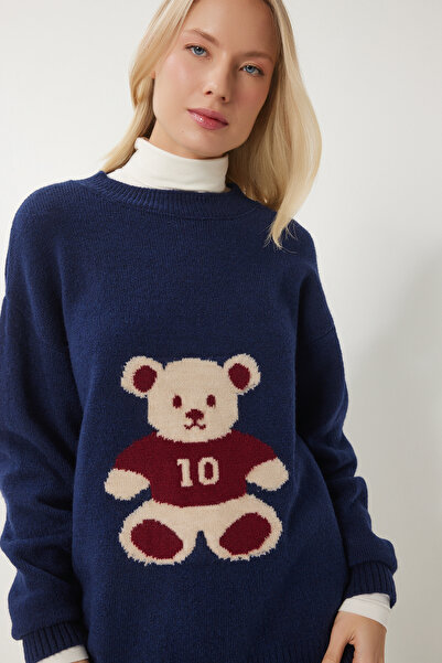 Happiness İstanbul Marineblauer Teddybär-Strickpullover für Damen MX00177