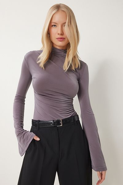 Happiness İstanbul Graue Damen-Strickbluse mit spanischen Ärmeln und Kordelzug EN00634