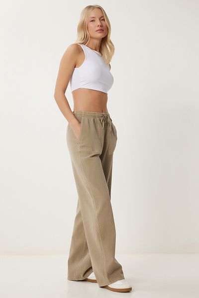 Happiness İstanbul Tongrüne Denim-Palazzo-Hose mit weitem Bein und blassem Effekt – MX00179
