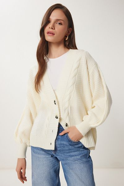 Happiness İstanbul Ecrufarbene, geflochtene, lockere Strickjacke mit Ballonärmeln für Damen MX00176