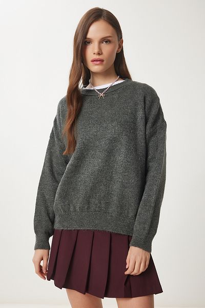 Happiness İstanbul Women's Gray Crew Neck Oversize Knitwear Sweater BV00085