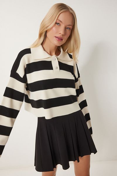 Happiness İstanbul Pulover de damă, negru crem, elegant, cu guler cu nasturi, tricotat cu dungi BV00115