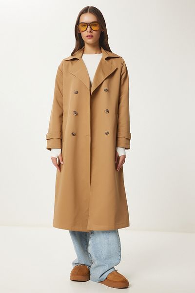 Happiness İstanbul Camel Double Breasted Neck and Belted Seasonal Women's Trench Coat - Dd01346