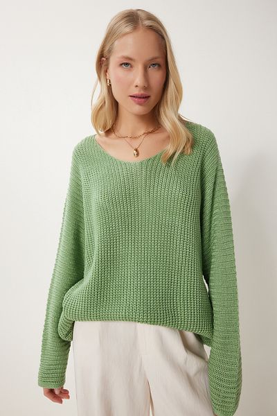 Happiness İstanbul Women's Green V-Neck Oversize Knitwear Sweater YG00099