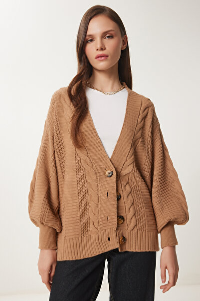 Happiness İstanbul Dámské sušenkové pletené balónkové rukávy s volným úpletem Cardigan Mx00176