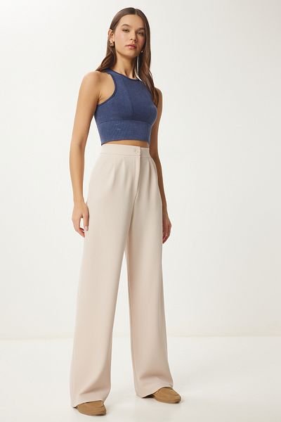 Happiness İstanbul Damen-Strickhose aus cremefarbenem Lycra mit entspanntem Schnitt – RV00175