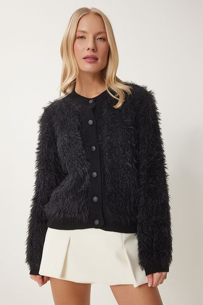 Happiness İstanbul Women's Black Soft Bearded Knitwear Cardigan Mx00180