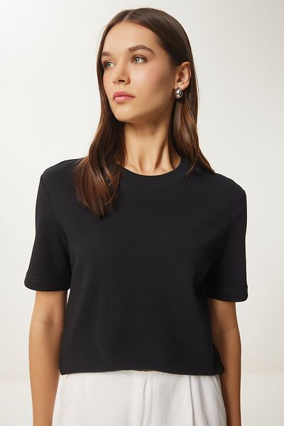 Happiness İstanbul Women's Black Cotton Basic Knitted T-Shirt Ag00001