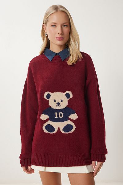 Happiness İstanbul Weicher Strickpullover mit Teddybär-Textur für Damen in Burgunderrot MX00177