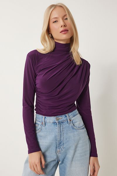 Happiness İstanbul Pflaumenfarbene, geraffte, detaillierte Sandy-Bluse mit hohem Kragen für Damen FF00135