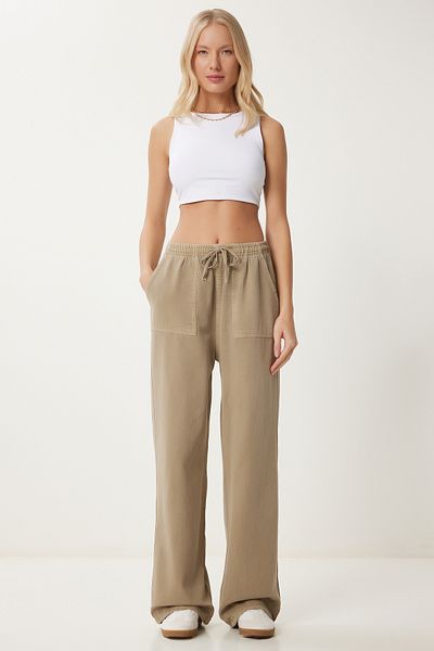 Happiness İstanbul Tongrüne Denim-Palazzo-Hose mit weitem Bein und blassem Effekt – MX00179