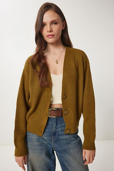Happiness İstanbul Damen-Strickjacke mit V-Ausschnitt und Knöpfen in Olivgrün MX00175