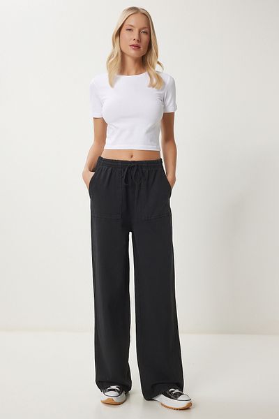 Happiness İstanbul Schwarze Denim-Palazzo-Hose mit weitem Bein und blassem Effekt für Damen MX00179