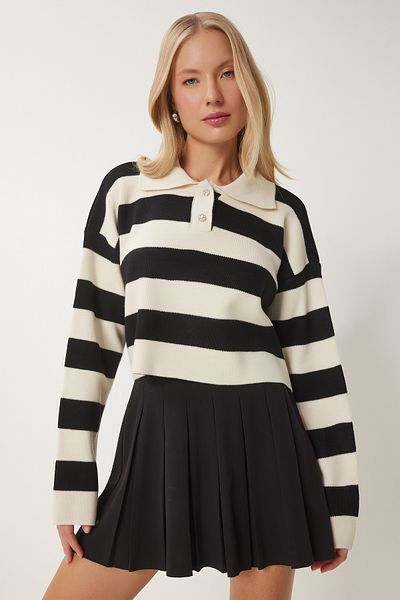 Happiness İstanbul Pulover de damă, negru crem, elegant, cu guler cu nasturi, tricotat cu dungi BV00115