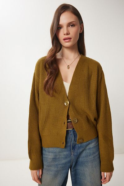 Happiness İstanbul Damen-Strickjacke mit V-Ausschnitt und Knöpfen in Olivgrün MX00175