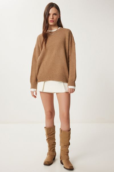 Happiness İstanbul Дамски бисквитен суитшърт с кръгло деколте Oversize трико BV00085