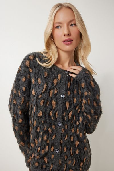 Happiness İstanbul Women's Anthracite Mink Leopard Print Bearded Knitwear Cardigan Kb00043