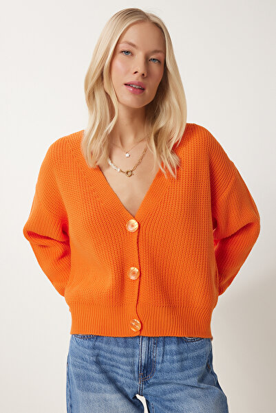 Happiness İstanbul Cardigan de damă portocaliu cu decolteu în V cu nasturi MX00175