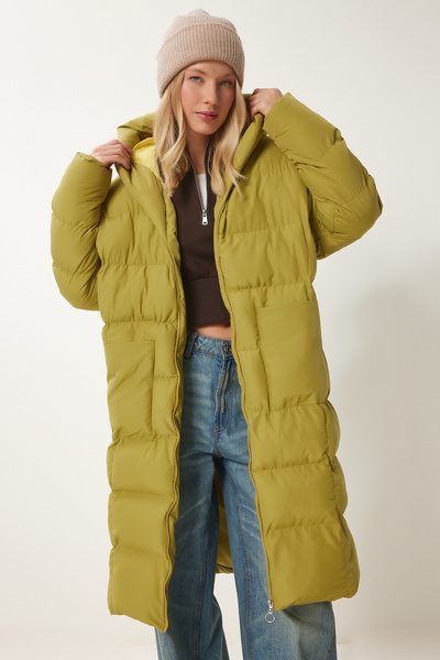 Happiness İstanbul Női olajzöld kapucnis oversize hosszú pufferkabát NT00428