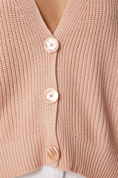 Happiness İstanbul Γυναικεία πλεκτή ζακέτα με λαιμόκοψη σε πούδρα MX00175