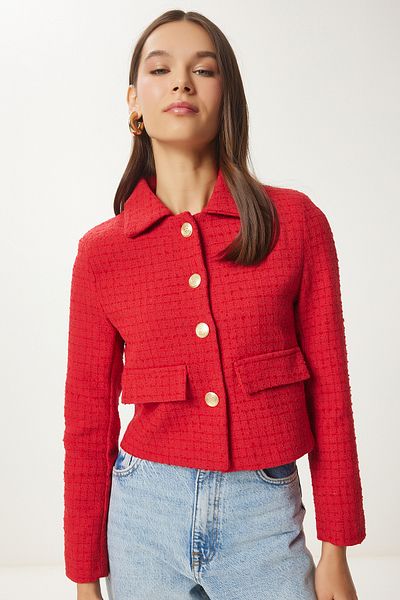 Happiness İstanbul Damen-Jacke aus gewebtem Tweed mit Knöpfen in Rotgold WF00021