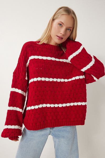 Happiness İstanbul Gestreifter Strickpullover mit roten Ballonärmeln für Damen Hİ00003