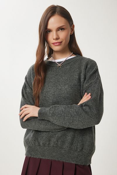 Happiness İstanbul Women's Gray Crew Neck Oversize Knitwear Sweater BV00085
