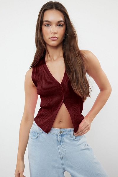 Trendyol Collection Burgunderrote Crop Premium/Spezialgarn-Kugelweste TWOSS24BZ00258