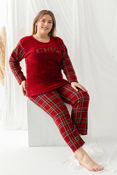 Trendyol Curve Σετ πλεκτές πιτζάμες με μπορντό καρό σχέδιο TBBAW25AI00100