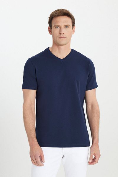 AC&Co / Altınyıldız Classics Ανδρικό 100% βαμβακερό μπλουζάκι με λαιμόκοψη σε μπλε ναυτικό λεπτή εφαρμογή