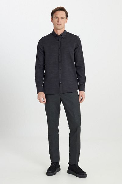 ALTINYILDIZ CLASSICS Men's Anthracite Cotton Slim Fit Slim Fit Buttoned Lapel Dobby Stretchy Shirt