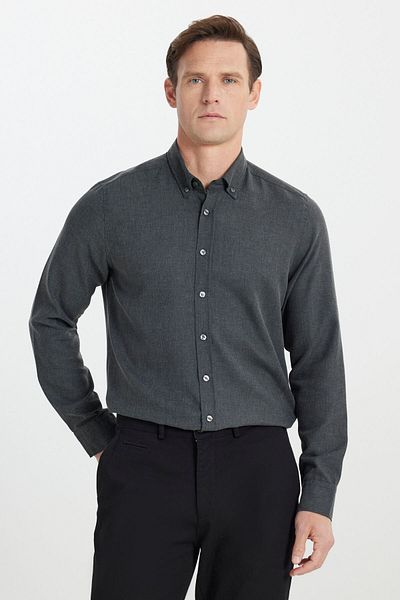 ALTINYILDIZ CLASSICS Men's Anthracite Cotton Flannel Slim Fit Slim Fit Buttoned Lapel Shirt