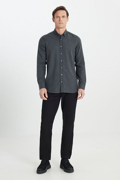ALTINYILDIZ CLASSICS Men's Anthracite Cotton Flannel Slim Fit Slim Fit Buttoned Lapel Shirt