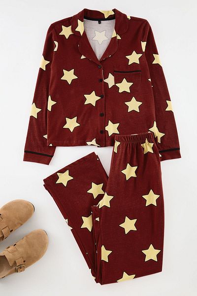 Trendyol Collection Set pijamale tricotate cu model stea, 100% bumbac, roșu Claret THMAW21PT0456