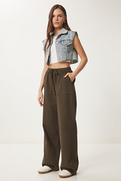 Happiness İstanbul Dark Khaki - Pale Effect Wide Leg Denim Palazzo Trousers Mx00179