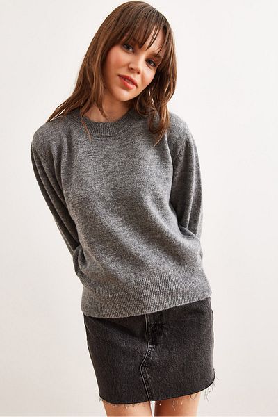 Olalook Pulover de bază cu textura moale, gri, cu gât crew, KZK- 19000845