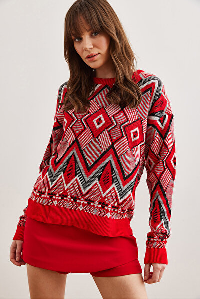 Olalook Red Patterned Knitwear Women's Sweater - Kzk- 19000869
