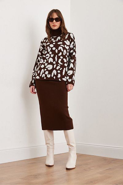 Olalook Women's Brown Top Throat Sweater Bottom Skirt Knitwear Set Tkm- 19000243