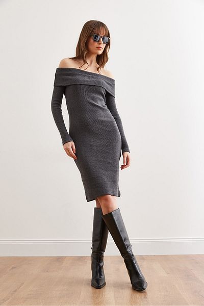 Olalook Γυναικείο φόρεμα με γιακά Madonna Lycra από ανθρακί ELB- 19000753