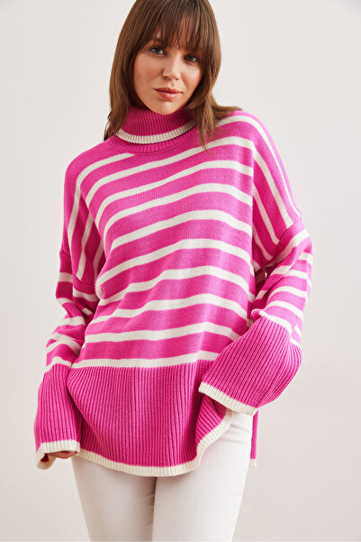 Olalook Pulover de damă roz cu gât tricotat cu dungi KZK- 19000926