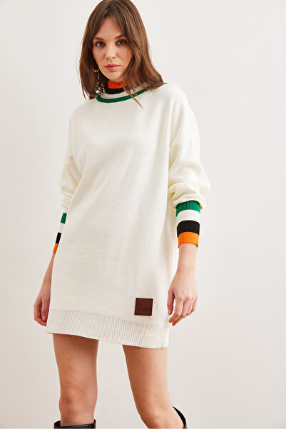 Olalook Women's White Neckline and Cuff Detailed Knitwear Tunic Dress Elb- 19001992