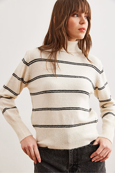 Olalook Turtleneck Cream Striped Knitwear Sweater - Kzk- 19000929