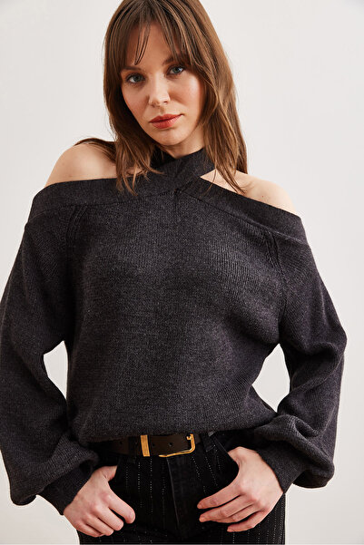 Olalook Anthracite Color Women's Knitwear Sweater - Cross Collar Kzk- 19000192