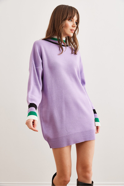 Olalook Women's Lilac Neckline and Cuff Detailed Knitwear Tunic Dress Elb- 19001992