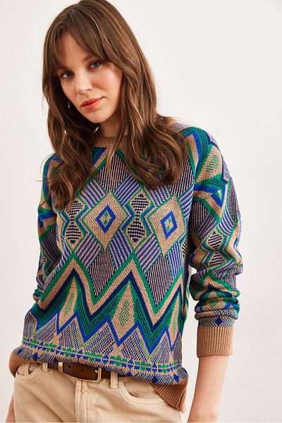 Olalook Дамски плетен пуловер с шарки Camel Kilim - Kzk - 19000869