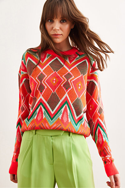 Olalook Pulover de tricotaj cu model Coral Kilim pentru femei KZK- 19000869